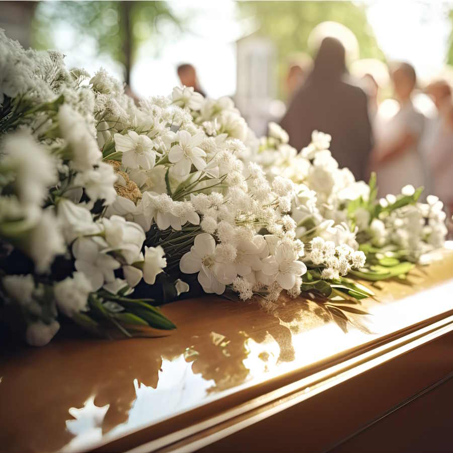 Blumengesteck auf Sarg bei Trauerfeier im Freien – Bestattungen in Lägerdorf und Umgebung mit persönlicher Begleitung